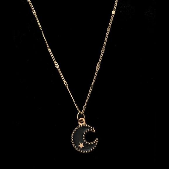 HAND Crafted Necklace Gold Plated Chain Black Quarter Moon - Picture 4 of 9